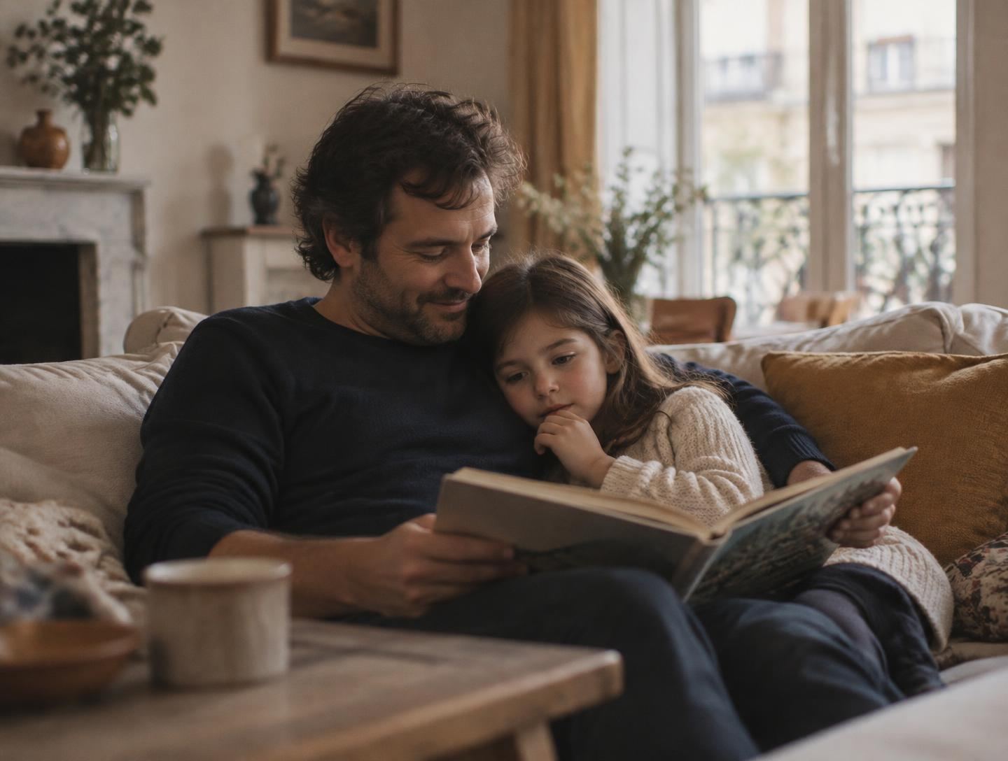 Un père et sa fille lisent ensemble